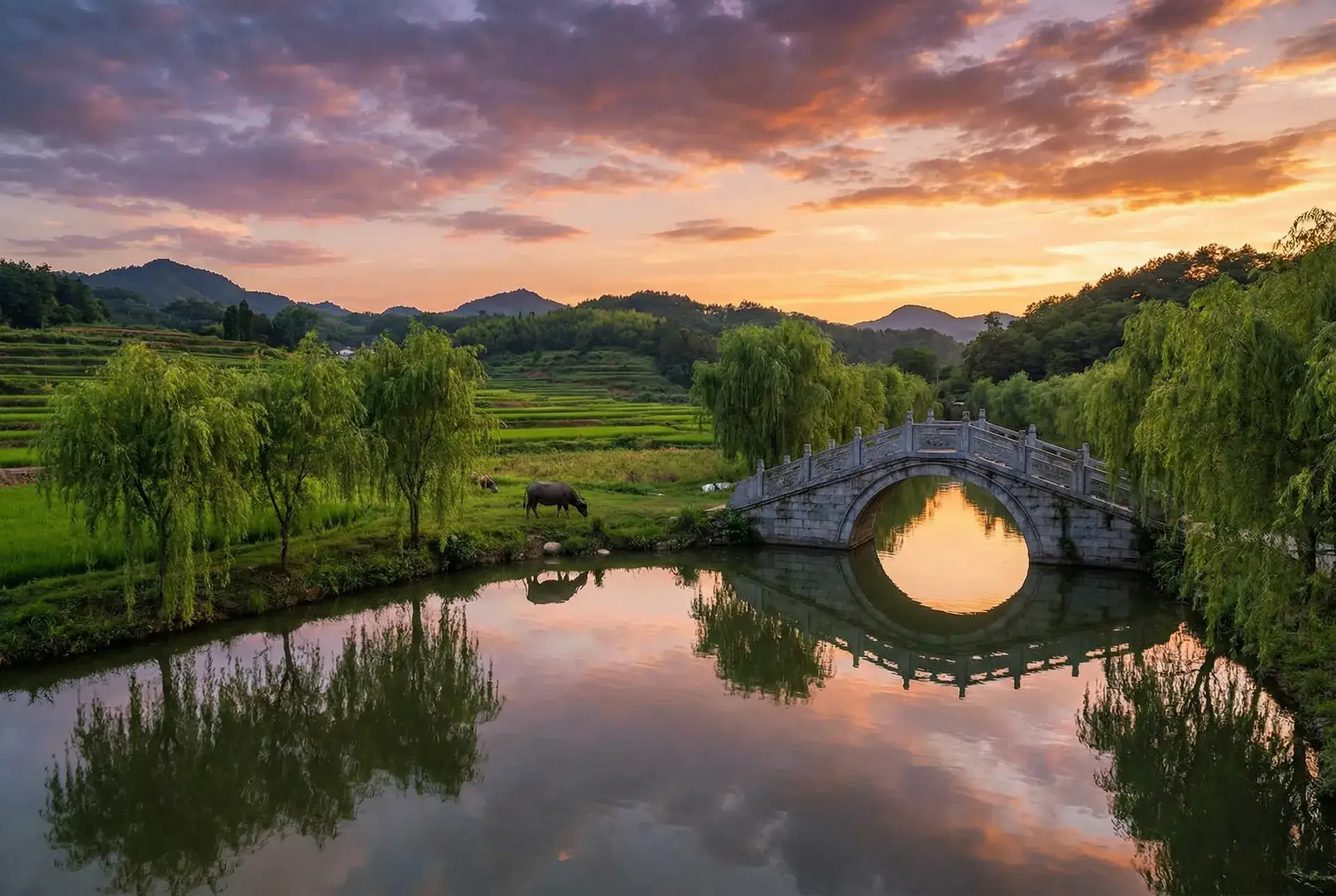 夕阳下的石拱桥与垂柳，水牛在河边吃草 - 白虎是什么意思 乡村美景